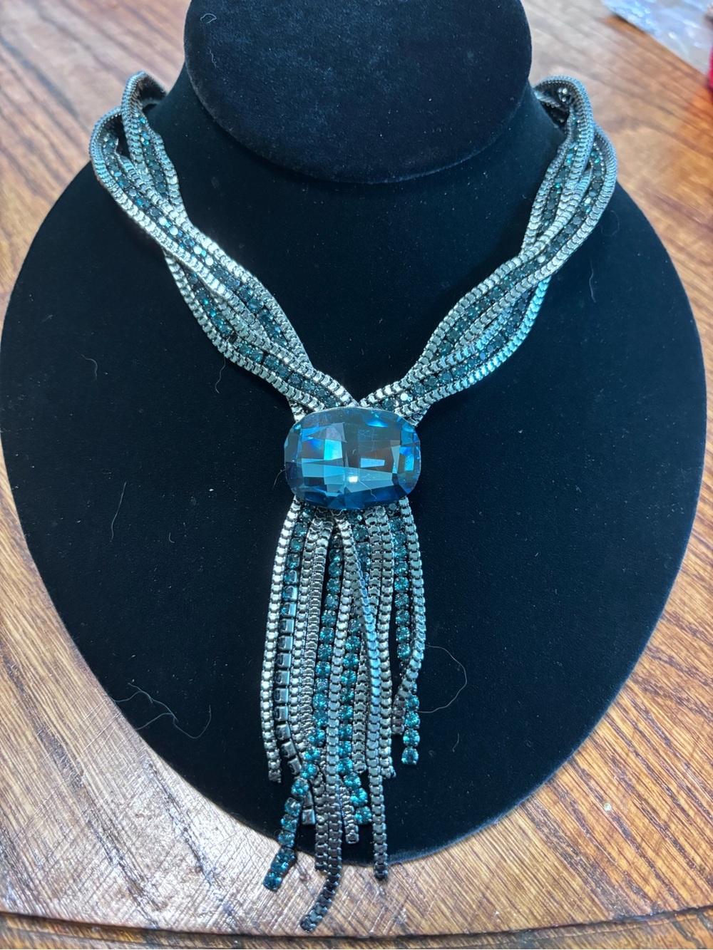Chunky Blue Gemstone Statement Necklace w/Fringe